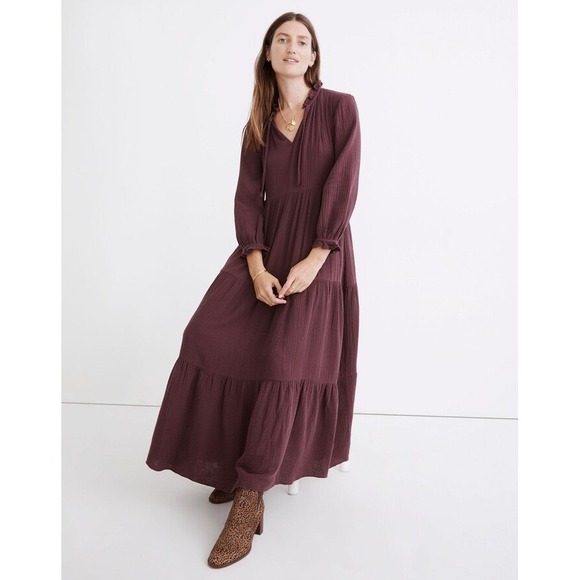 Madewell Dresses & Skirts - Madewell Lightspun Tie-Neck Tiered Midi Dress Brown Cottagecore Gauze Large
